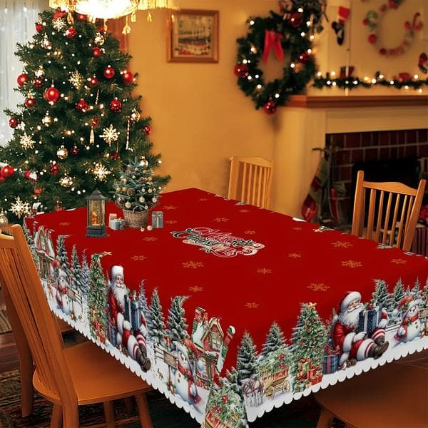 Julduk, jultomte, snögubbe och julgransmönstrad duk, julduk, rektangulär duk