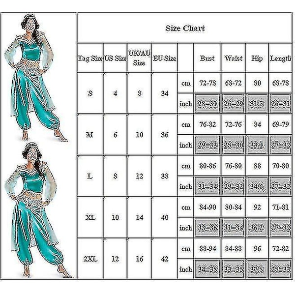Aladdin Alibaba Jasmine Princess Cosplay Kostym Fancy Dress Outfit Set För Vuxna Kvinnor M