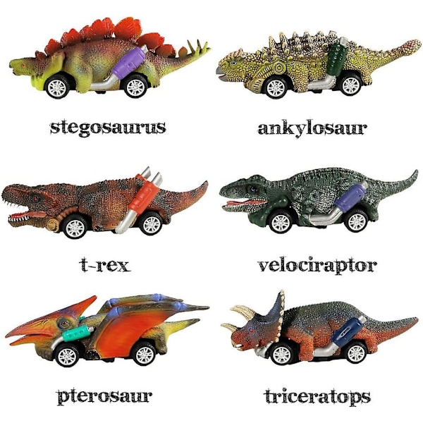 Dinosaurusautolelusetti, 6 dinosauruslelua 3-vuotiaille pojille, taaperolelut 3, 4, 5-vuotiaille pojille, vedettävät autot, dinosauruslelut T-Rexillä