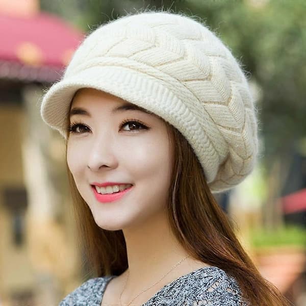 Retro Vinter Varm Strikket Hue til Kvinder, Moderigtig Skihue med Solhat; Hue J3U7 White One size
