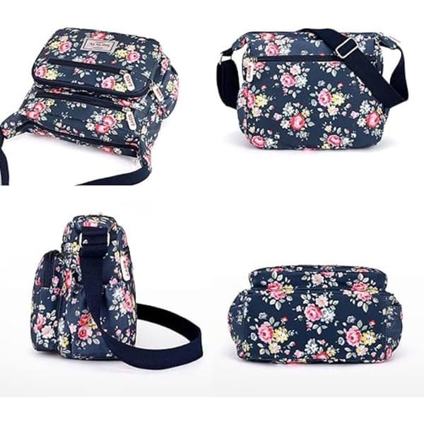 Dam Multi-Pocket Casual Crossbody Handväskor Vattentäta Nylon Axelväskor (Blommig-Marinblå)-FA15-