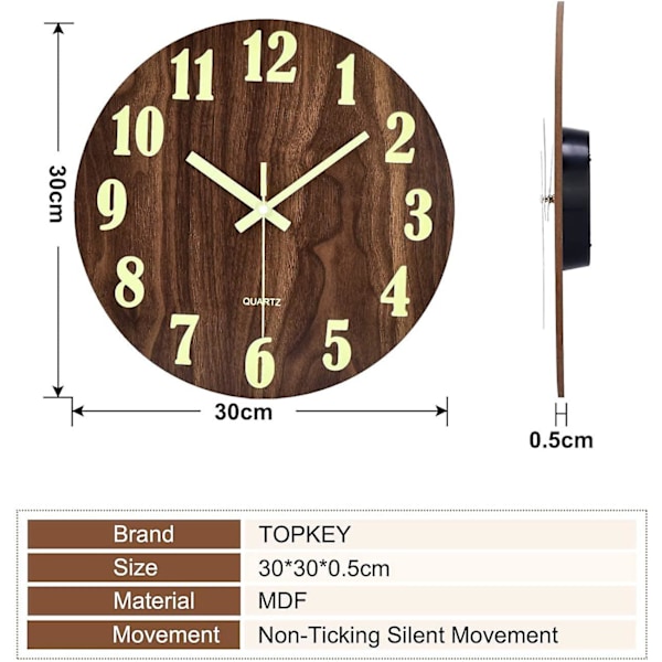 Lysende veggklokke 12 tommer stille design tre nattlys rund veggklokke for stue og soverom (batteri ikke inkludert) - Brun