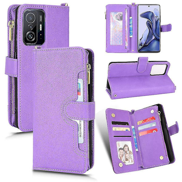 Kompatibel med Xiaomi Mi 11t/11t Pro Fodral Dragkedja Magnetisk Plånbok Korthållare PU Läder Flip Case Purple A