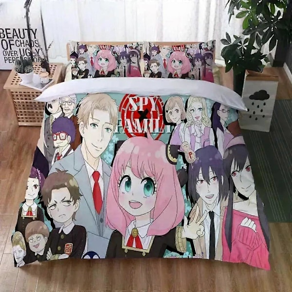 v106 Sängkläder Anime SPYFAMILY Anya Forger Täcke Sängset Full Size Tecknad Påslakan Queen King Size Örngott Set 3-Delar Be 240x260cm 94x102in