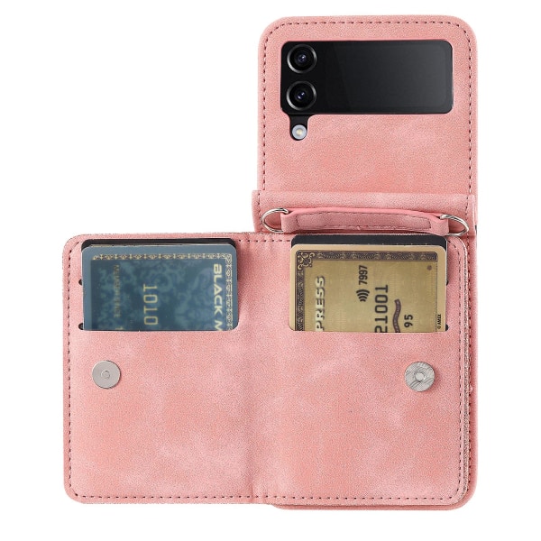 For Samsung Galaxy Z Flip4 5g Etui Kortholder Pu Lær Kickstand Telefondeksel Med Håndstropp Rose Gold