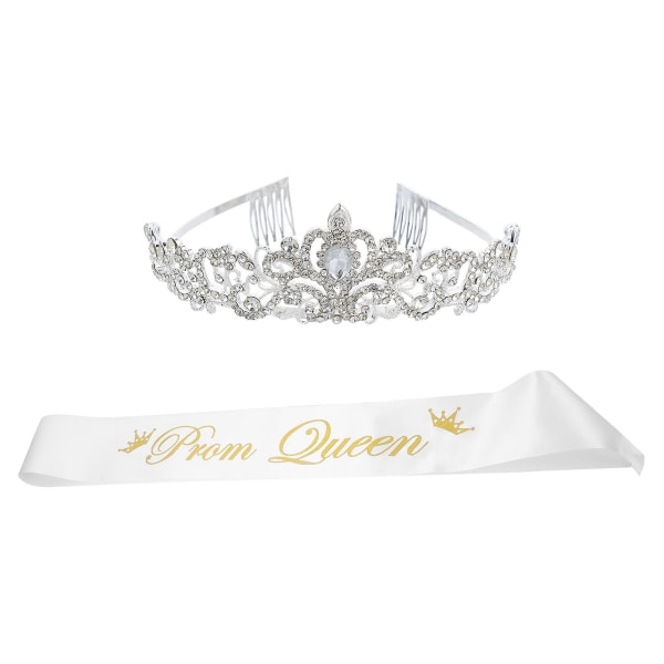 2 st Prom Queen Sash och Crystal Rhinestones Crown Set Bröllopsfest Huvudbonad Silver 16X14X4CM