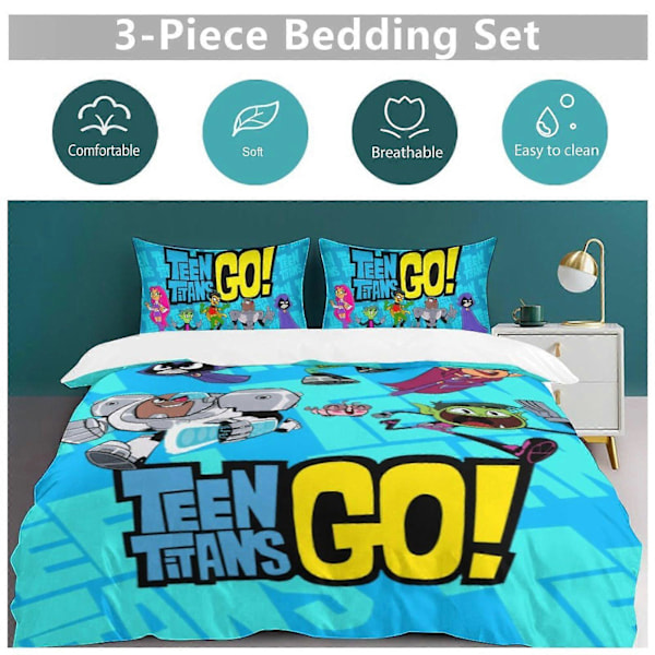 x311 Teen Titans Go 3-delt sengetøjssæt Varmt og behageligt blødt dynebetræk sengetøjssæt med 1 dynebetræk og 2 pudebetræk til soveværelse b311 135x200cm 53x78in