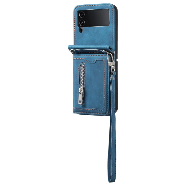 Til Samsung Galaxy Z Flip4 5g Etui Kortholder Pu Læder Kickstand Telefon Cover Med Håndrem Blue