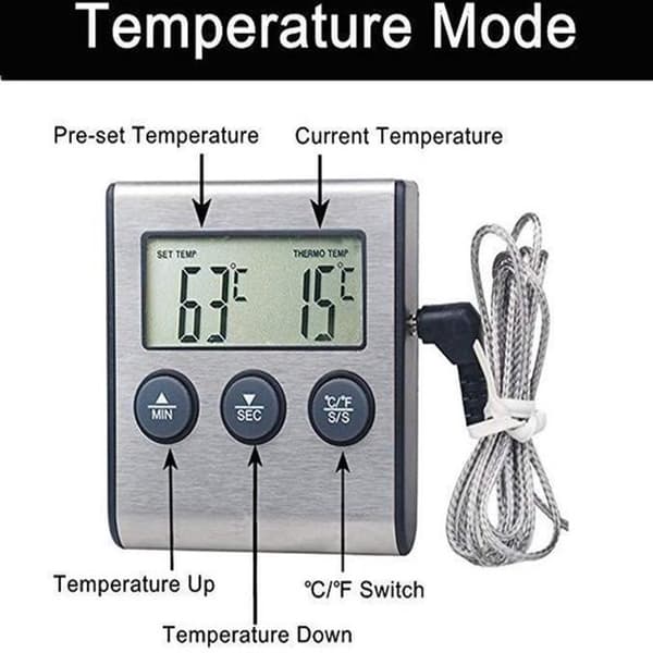 Kødtermometer - Køkkentermometer - Rustfrit stål - Digital - Grilltermometer - Med timer - Magnetisk - Termometer også velegnet til kød, grill, ovn