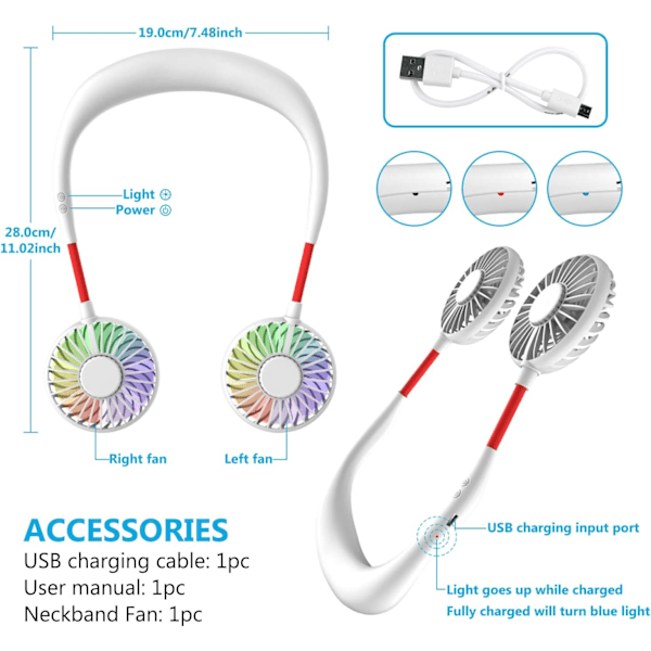 Kaulapuhallin, kannettava kaulapuhallin, minikannettava puhallin, handsfree-puhallin USB-puhallin säädettävällä 3 nopeudella, ladattava matkustamiseen, urheiluun, toimistoon, kotiin