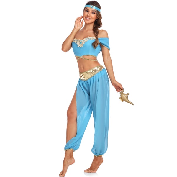 Sexig Aladdin Genie Lamp Jasmine Princess Kjole Cos Kläder Festival Fest Kostym Sky Blue L