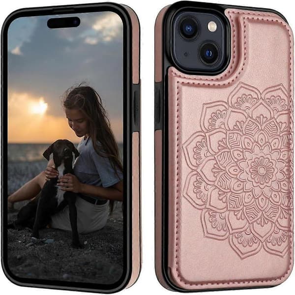 iPhone 15-deksel med kortholder, blomstret magnetisk flippdeksel til iPhone 15 lommebokdeksel for kvinner