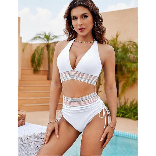 Högmidjade Bikinis för Kvinnor, Tummy Control, Färgblock, Tvådelad, Snörning White L