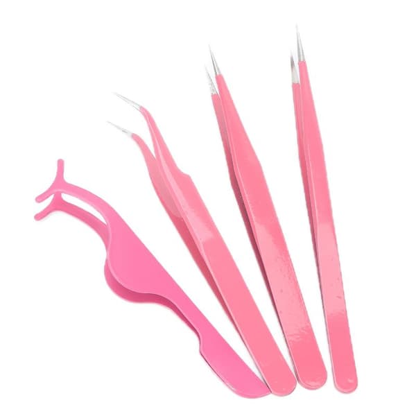 4pcs Eyelash Tweezers Set Stainless Steel Straight Curved Tip False Eyelashes Applicator Tool Pink