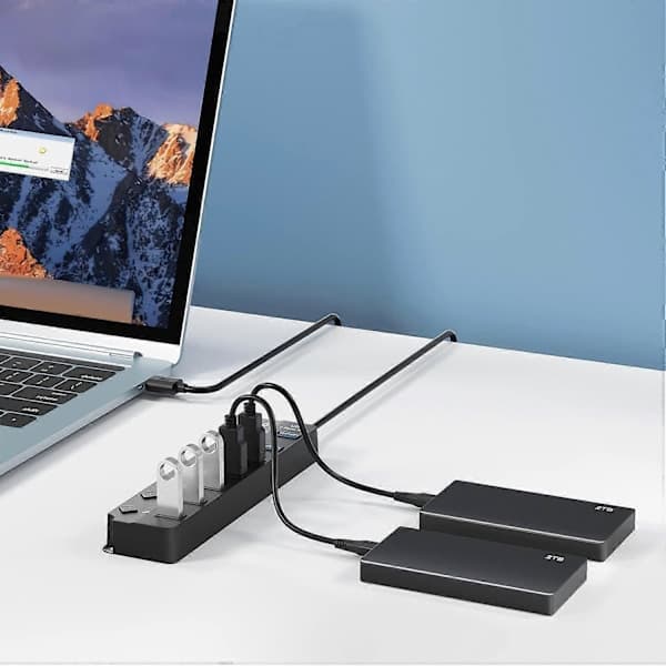 7-porters USB-hub-splitter Multi Hub USB 3.0-adapter USB Flere porter Strømadapter med strømbryter