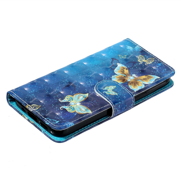 For Motorola Moto G14 5g Telefonveske Lommebok Lær 3d Mønster Folio Deksel Blue Gold Butterflies