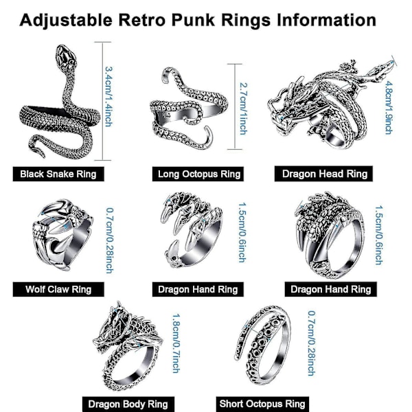 8 stk. Vintage Punk Ringe Octopus Drage Slange Justerbar Ring