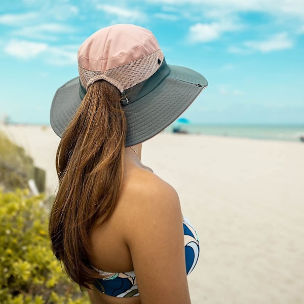 Kvinners utendørs UV-beskyttelse-sammenleggbar solhatt Mesh bredbremmet strandfiskehatt med hestehalehull (rosa