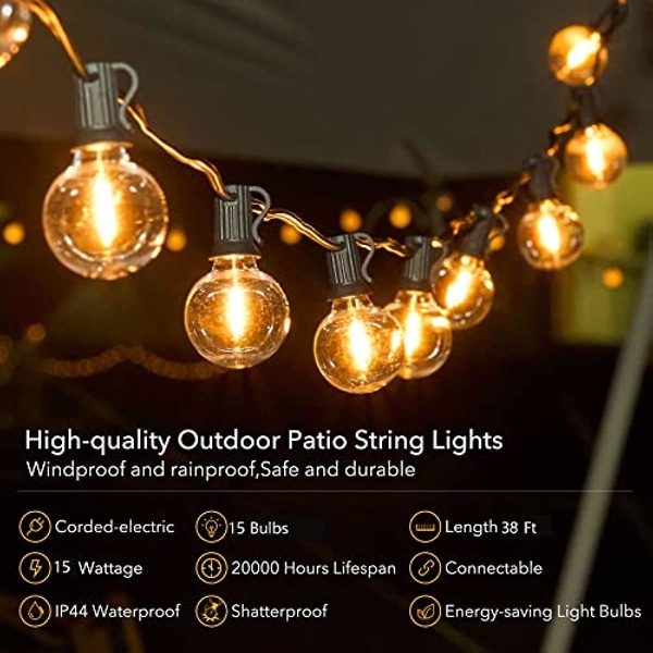 Brightown Udendørs Lyskæde 38ft(28+10) - Led Lyskæde G40 Globe Patio Lyskæde Energibesparende Med 15 Led Pærer  Uknuselige Hængende Udendørs L