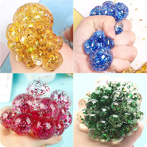 Klemmebold med net, pakke med 4 bløde mesh-bolde, klemmebold i net, glitter, stressbold fidget-legetøj, anti-stress-legetøj