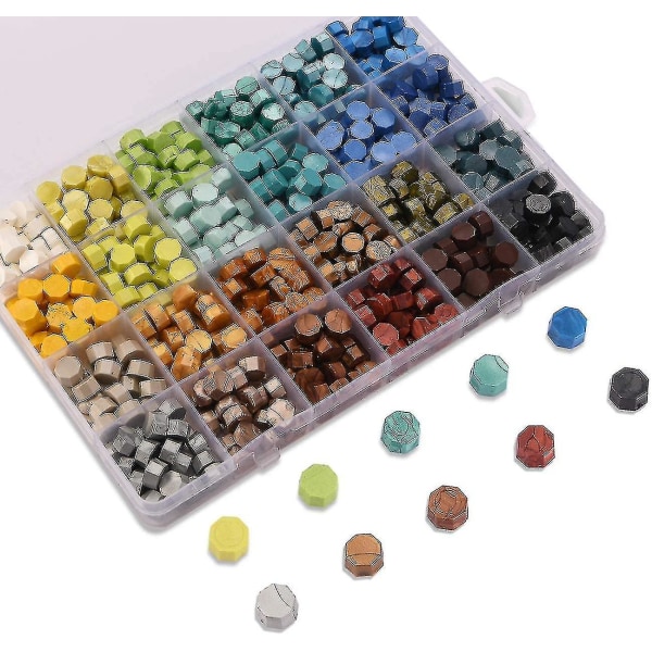 600 st tätningsvaxpärlor packade i plastlåda, 24 färger oktagonförsegling Elsa