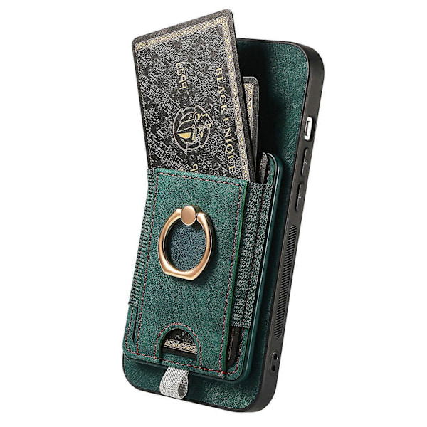 D7 Magnetisk Case til iPhone 16 Pro med Kortlomme, Ring-Stativ og PU Læder - Multicolor Green