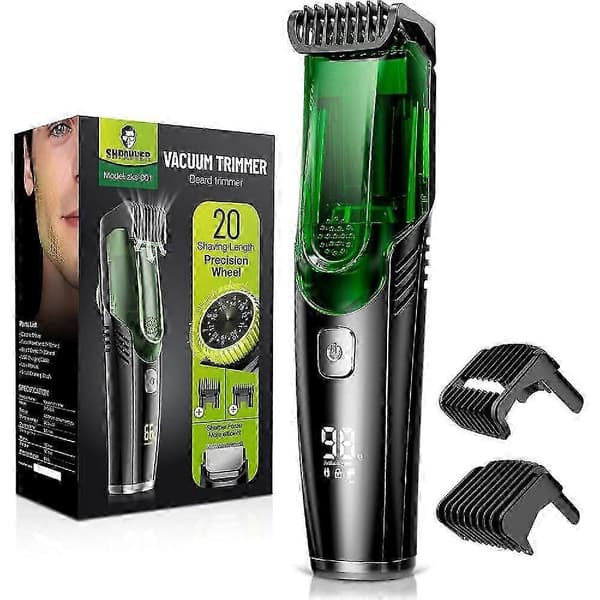 Vacuum Beard Trimmer, Rechargeable Moustache Trimmer with Adjustable Comb (1-20mm), IPX6 Waterproof for Beard, Moustache & Stubble BD black