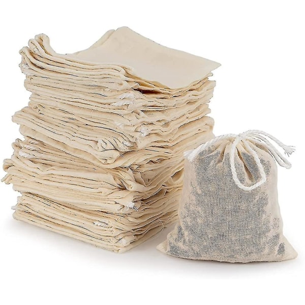 50 Pack Cotton Muslin Bags, Tea Filter Bags Reusable Mesh Bags With Drawstring