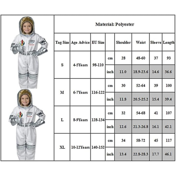 4-12-vuotiaiden lasten avaruusastronautin cosplay-asu haalari + asusteet asut lahjat 10-12 Years