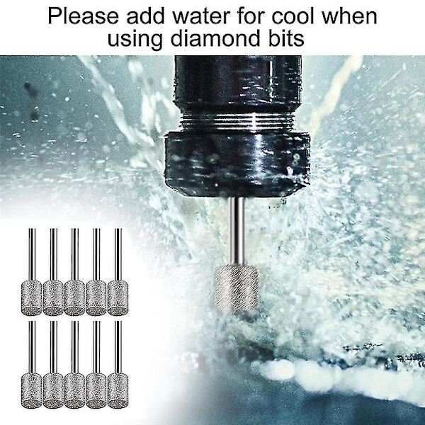 10 st 8 mm Cylindrisk huvud Diamant Burr Sten Snidning Slipning Set för Sten Stenar Glas Keramik-fo Silver