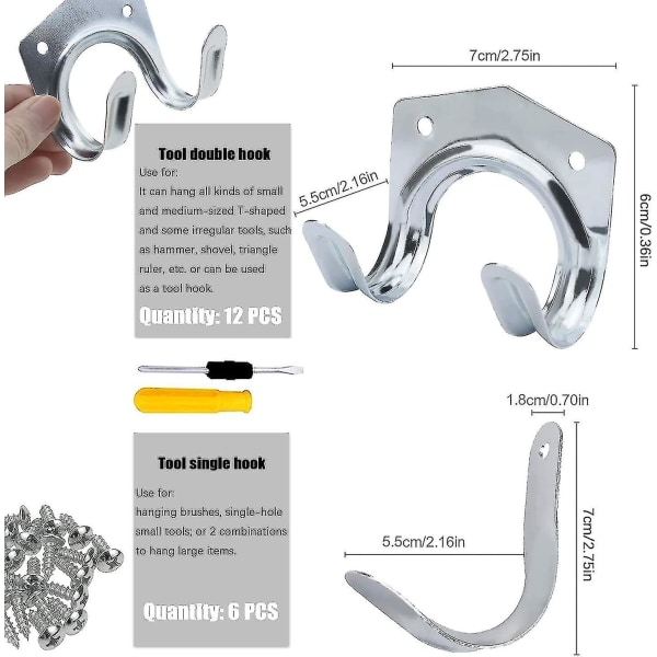 18 st förvaringskrokar, väggmonterat trädgårdsredskapshållare, järn enkel/dubbel verktygsställ för garage skjul lagergård verkstad, med skruvar och skruvmejsel