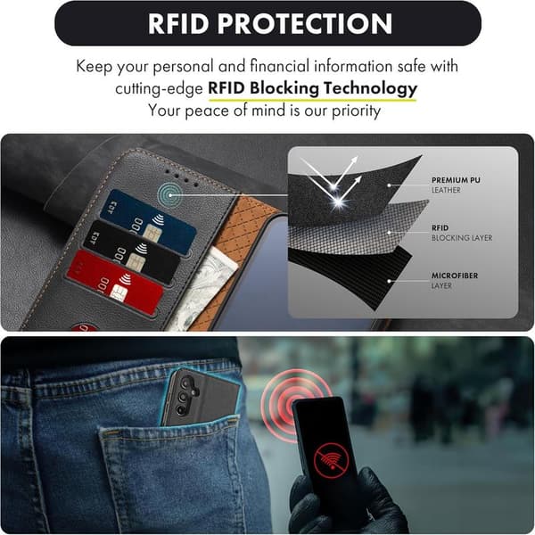 Samsung A15 Phone Case - Leather Wallet Case with [RFID Blocking] Shockproof [Kickstand] for Samsung Galaxy A15 5G Black