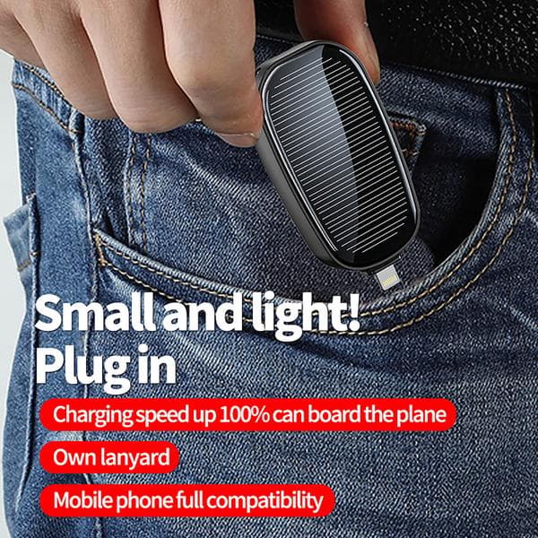 Mini Solcelleoplader Nøglering Powerbank til Mobiltelefon 1200mAh Sort: Til Lightning Sort Black A