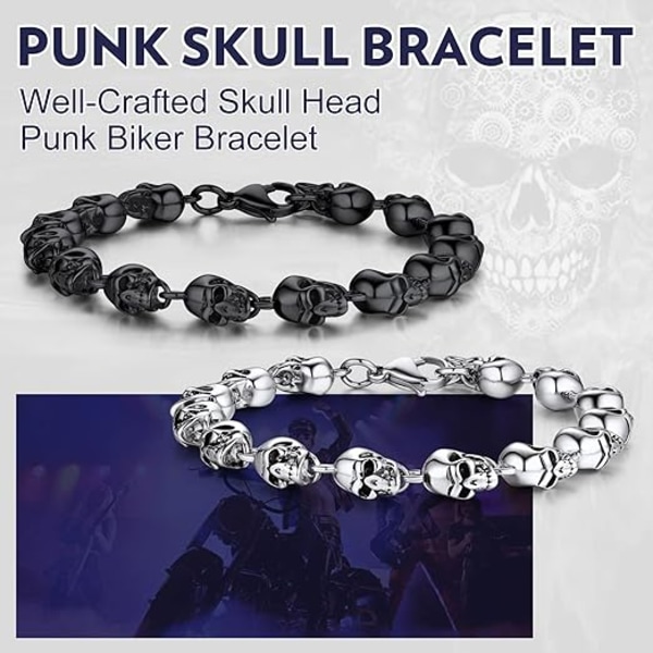 Hodeskalle armbånd for menn og kvinner i rustfritt stål, lenkekjede armbånd med hodeskalle-sjarme, gotisk punk motorsykkel armbånd smykker