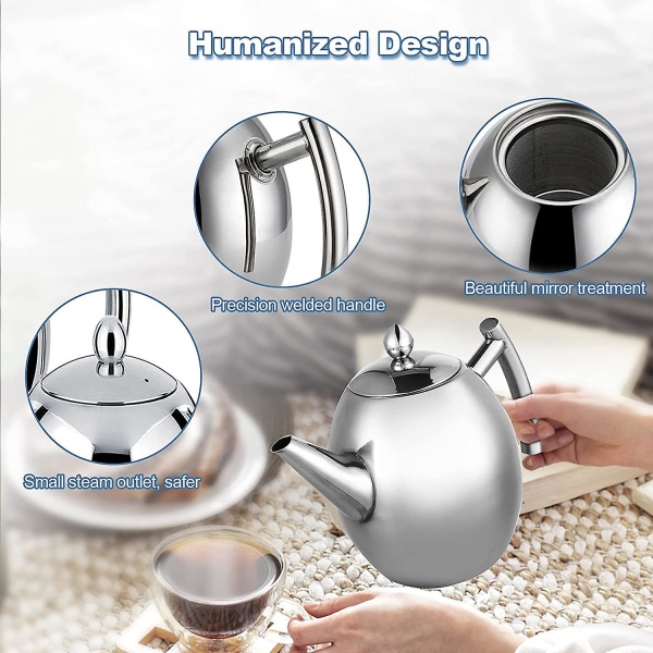 Rustfrit tekande i rustfrit stål til fremstilling af te, kaffedrikke, varmt vand, 1,5 l rustfrit stål vandkande