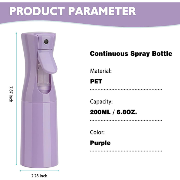 Jatkuva suihkepullo 6,8 unssia/200 ml (violetti-2 pakkausta), sumutinpullo hiuksille, hienojakoinen vesisuihkepullo kampaamoille, hiustenmuotoiluun, kasveille, iholle