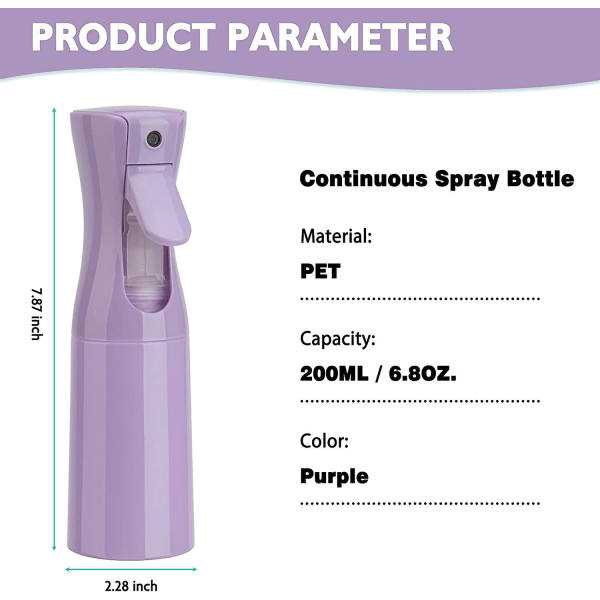 Kontinuerlig sprayflaske 6,8 Oz/200 ml (lilla-2 pakke), Mister sprayflaske til hår, fin tågevandsprayflaske til saloner, hårstyling, planter, hud