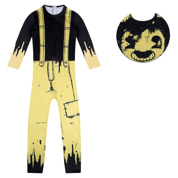 Bendy And The Ink Machine Cosplay Outfit Kids Boys Halloween Carnival Party Jumpsuit Mask Fancy Dress Up Performance Costume Black Yellow 6-7 Years