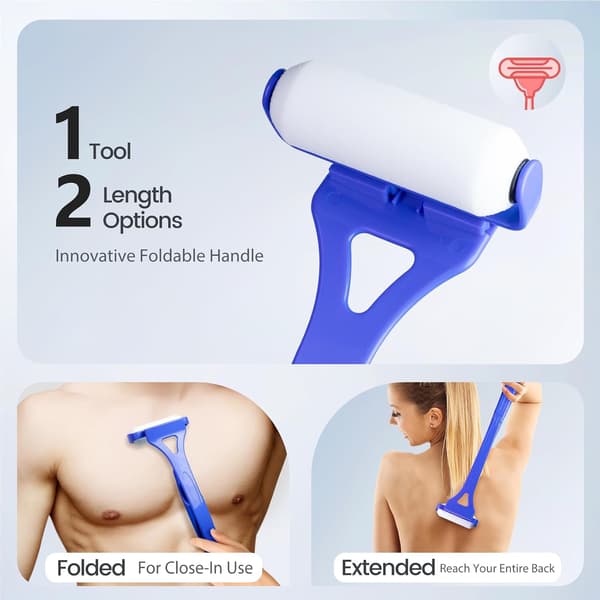 Back Lotion Applicator with Long Handle, 4 Reusable Foam Rollers & Foldable Design for Easy Self-Application, Blue Blue