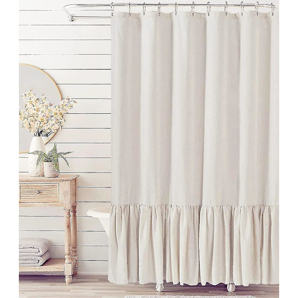Matalainen maalaistyylinen suihkuverho röyhelöreunuksella, pellavasekoitteinen suihkuverho kylpyhuoneeseen, luonnollinen, 72\"x72\"