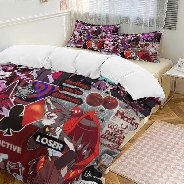 v118 Hazbin Hotel 3-osainen yhden hengen sängynpeitesetti - Sisältää 1 yhden hengen peiton ja 2 tyynyliinaa - Haalistumista kestävä mikrokuitu - Hazbin Hotel io118 240x260cm 94x102in