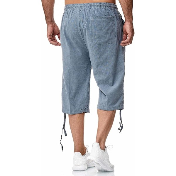 Herr Linnebyxor 3/4 Längd Byxor Sommarbyxor Strand Yoga Joggers Casual Sweatpants L Blue