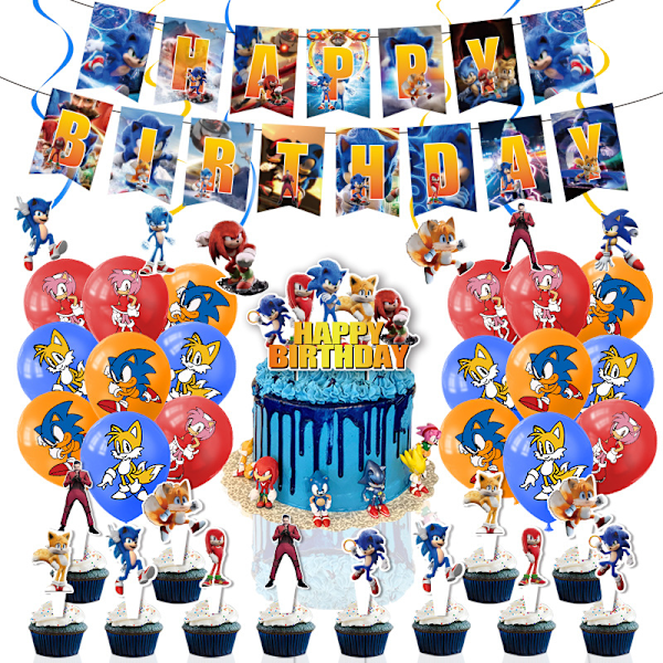 Sonic Bursdagskake Kakepynt Ballongdekorasjon