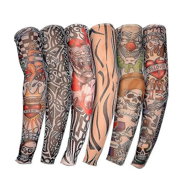Arm Tatueringsärmar, 6-pack Män Fake Temporary Tatuering Nylon Armstrumpor Elastisk Biker Sleevelet För Halloween