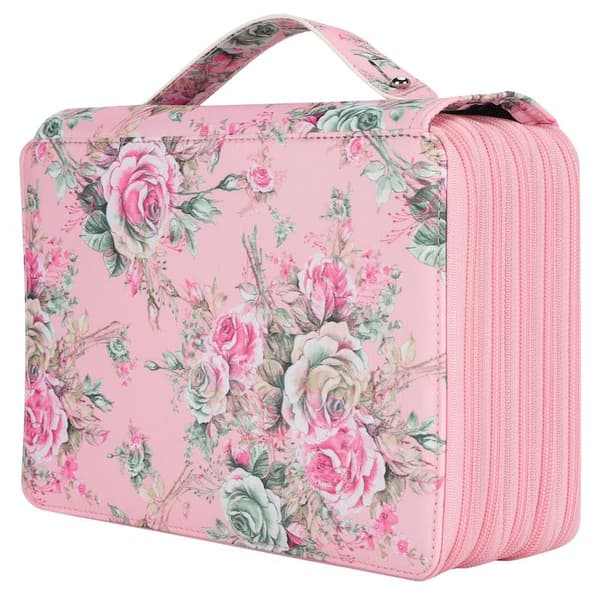 Pencil Case with Rose Pattern, Multi-layer Zipper, 252 Slots, Portable Pen Holder, Storage Pocket (Pink Background Rose)