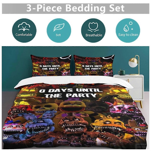 x226 Five Nights at Freddy's Dynetrekk Mikrofiber Sengetøy Sett 3D Trykt Lettvekt 3-delt Dynesett, 1 Dynetrekk og 2 Putetrekk 135x200cm 53x78in