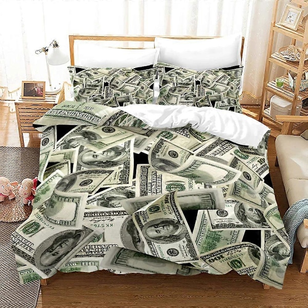 v2394 Sengetøy Penger Trykk Dynetrekk King/Queen Size, Dollarsedler med Portrett av Ben Franklin, Dekorativt /Stk Polyester Sengetøysett 3-Deler 135x200cm 53x78in