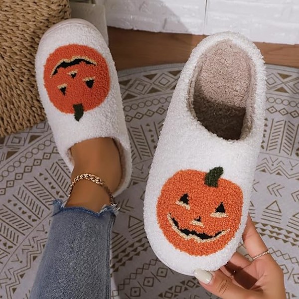 Halloween Tøfler til Kvinder Bløde Plys Hyggelige Halloween Græskar Tøfler Skrig Tøfler Slip-on Hyggelige Indendørs Ghost Face Tøfler 8-9