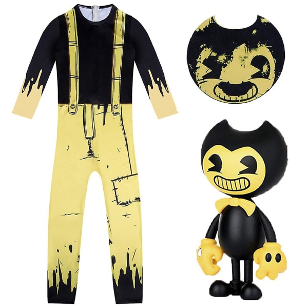 Bendy And The Ink Machine Cosplay Outfit Kids Boys Halloween Carnival Party Jumpsuit Mask Fancy Dress Up Performance Costume Black Yellow 6-7 Years