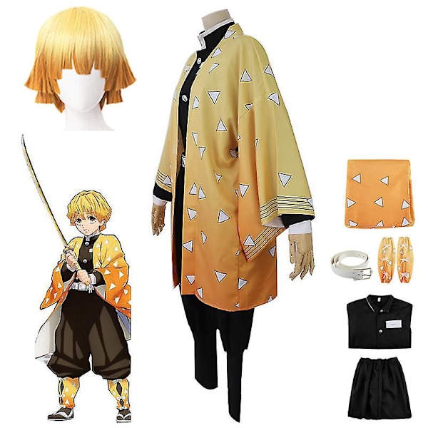 Halloween-fest Demon Slayer Agatsuma Zenitsu Cosplay-festdrakt Antrekk Anime-sett Gaver Outfits with Wig S